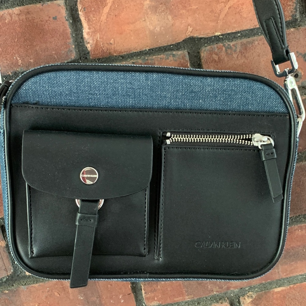 Calvin Klein Black and Denim Blue Messenger Bag